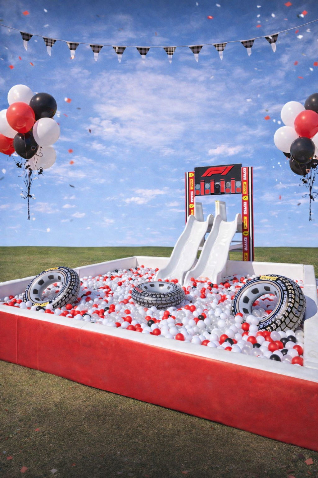 8x16 Ball Pit Double Slide soft play rental setup with equipment and decorations for events in Lexington Kentucky